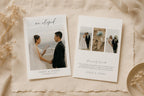 Editable wedding elopement announcement template mockup featuring front and back cards on beige linen background, minimalist wedding announcement card, printable we eloped card template, modern elopement photo announcement, Canva wedding announcement, luxury wedding stationery, editable newlywed announcement, instant download wedding card.