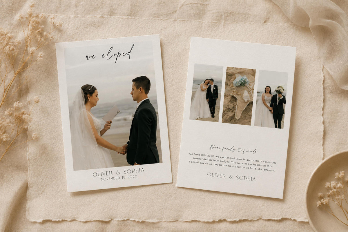 Editable wedding elopement announcement template mockup featuring front and back cards on beige linen background, minimalist wedding announcement card, printable we eloped card template, modern elopement photo announcement, Canva wedding announcement, luxury wedding stationery, editable newlywed announcement, instant download wedding card.