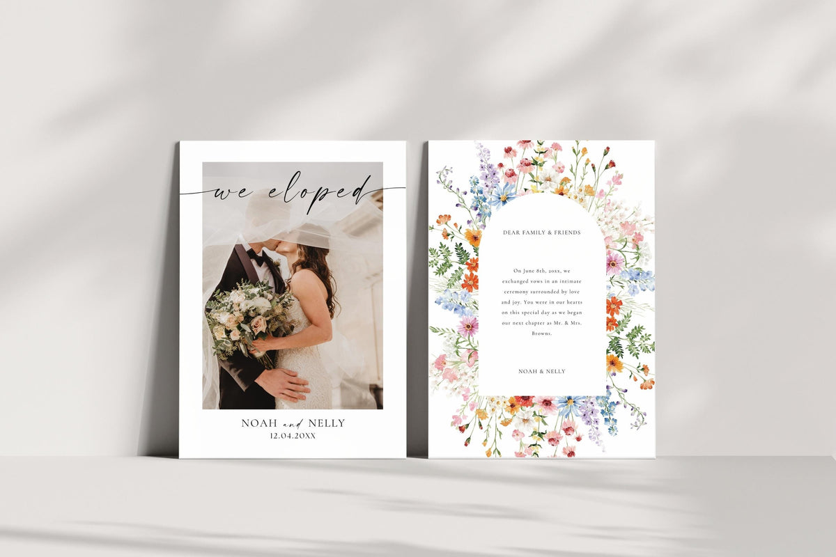 Minimalist wildflower wedding announcement template, editable we eloped photo card Canva template, floral wedding announcement printable, modern botanical wedding stationery, instant download wedding card bundle