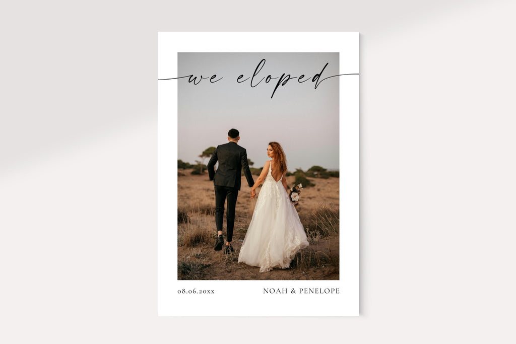 Front and back design of we eloped wedding announcement template, minimalist photo layout for modern couples, neutral beige tones, editable Canva elopement card