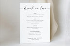 Minimalist wedding thank you sign on gold frame, neutral modern editable Canva template displayed on light textured table, printable wedding signage for reception décor