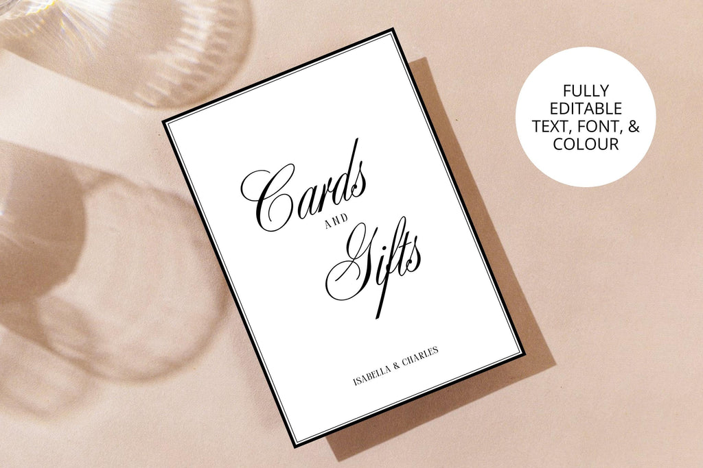 Flatlay of Cards and Gifts sign with champagne-toned shadows and luxe styling, minimal Old Money wedding sign, printable Canva template.