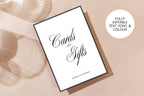 Flatlay of Cards and Gifts sign with champagne-toned shadows and luxe styling, minimal Old Money wedding sign, printable Canva template.