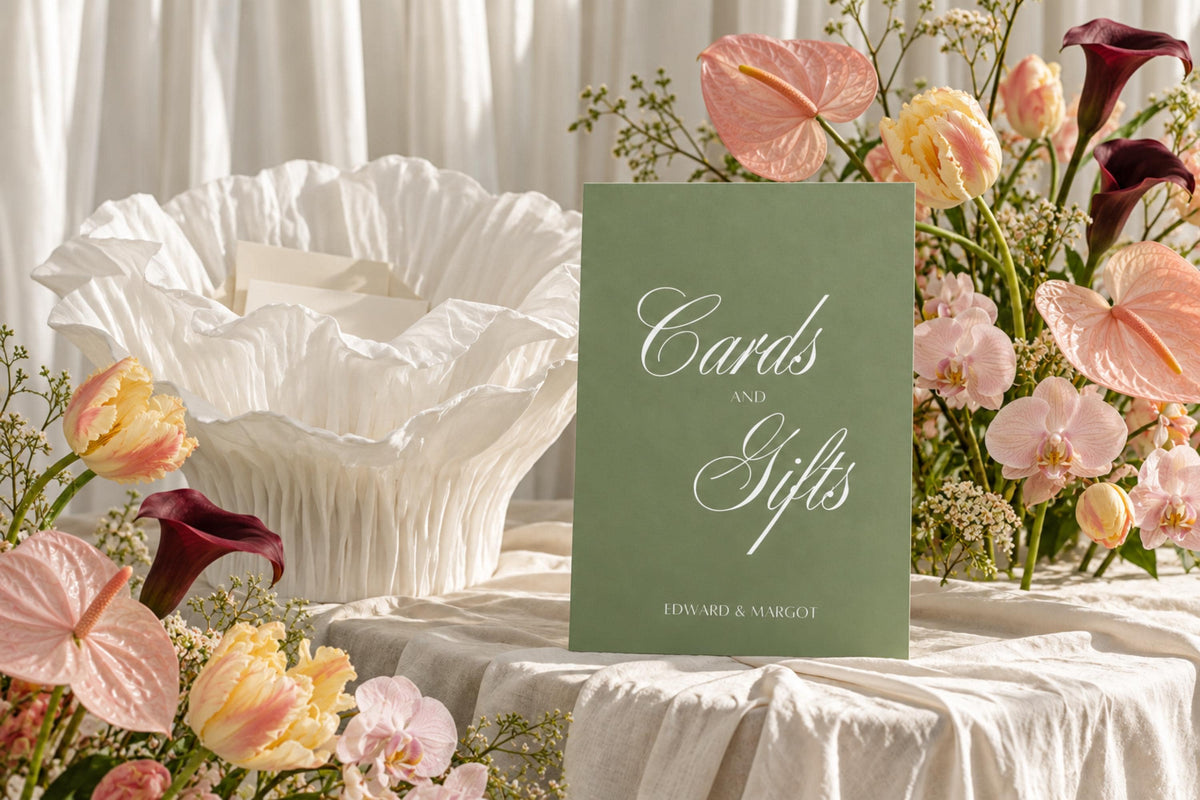 Sage green wedding cards and gifts sign with elegant ivory script lettering, displayed on a white ruffled table among pink, peach and burgundy flowers for a romantic wedding reception.