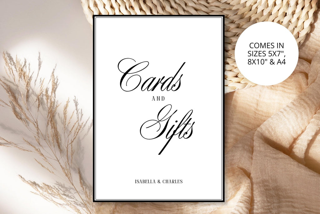 Cards and Gifts wedding sign in neutral boho Old Money styling with rattan textures, printable wedding reception sign, editable Canva template.