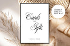Cards and Gifts wedding sign in neutral boho Old Money styling with rattan textures, printable wedding reception sign, editable Canva template.