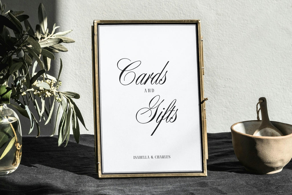 Minimalist Cards and Gifts sign in gold frame with neutral styling, printable wedding signage in sizes 5x7, 8x10 and A4, editable Canva wedding template.