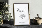 Minimalist Cards and Gifts sign in gold frame with neutral styling, printable wedding signage in sizes 5x7, 8x10 and A4, editable Canva wedding template.