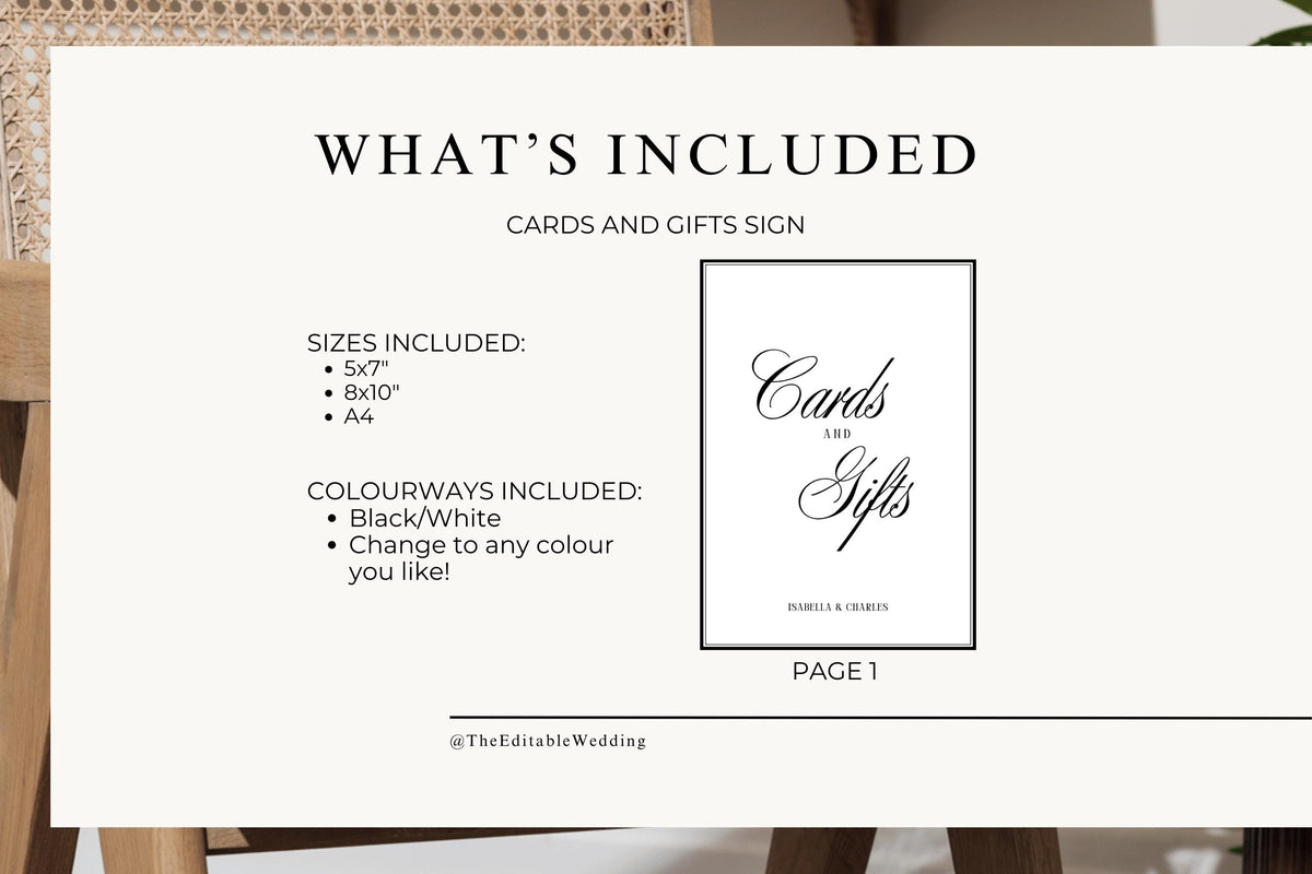 What’s included page showing Cards and Gifts sign template sizes 5x7, 8x10 and A4, editable Canva wedding signage pack for reception decor.