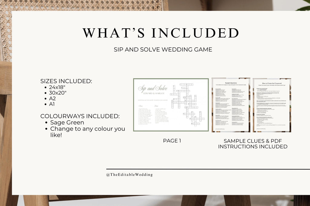 Sip and Solve wedding crossword sign bundle details showing the included design, size options and sample files with instructions for editing the printable wedding game.