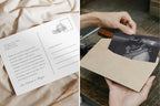 Printable wedding vow booklet and photo save the date card from a matching old money wedding template bundle, styled on ivory fabric with delicate typography and romantic black and white photography.