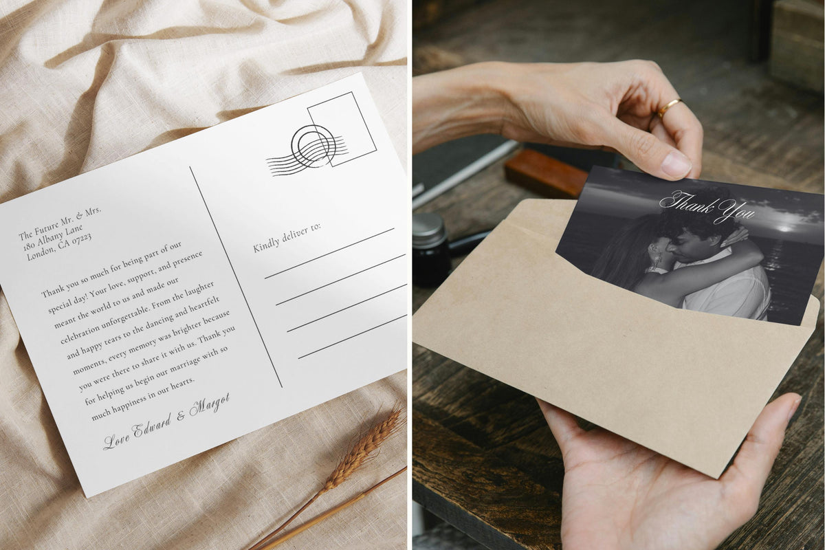 Printable wedding vow booklet and photo save the date card from a matching old money wedding template bundle, styled on ivory fabric with delicate typography and romantic black and white photography.