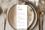 Minimalist boho wedding menu card on ceramic plates with gold cutlery, instant download wedding table menu template for reception.