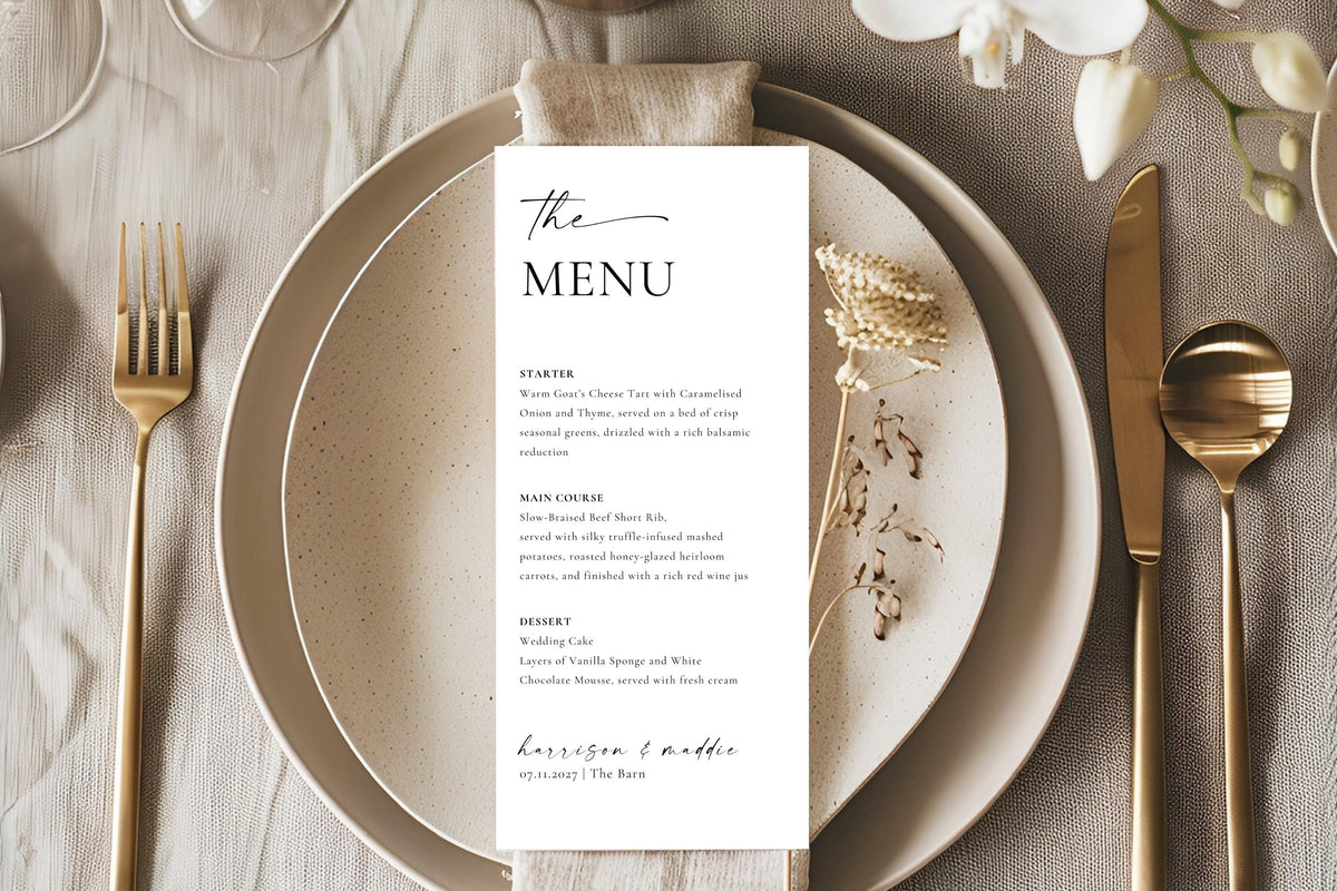 Minimalist boho wedding menu card on ceramic plates with gold cutlery, instant download wedding table menu template for reception.
