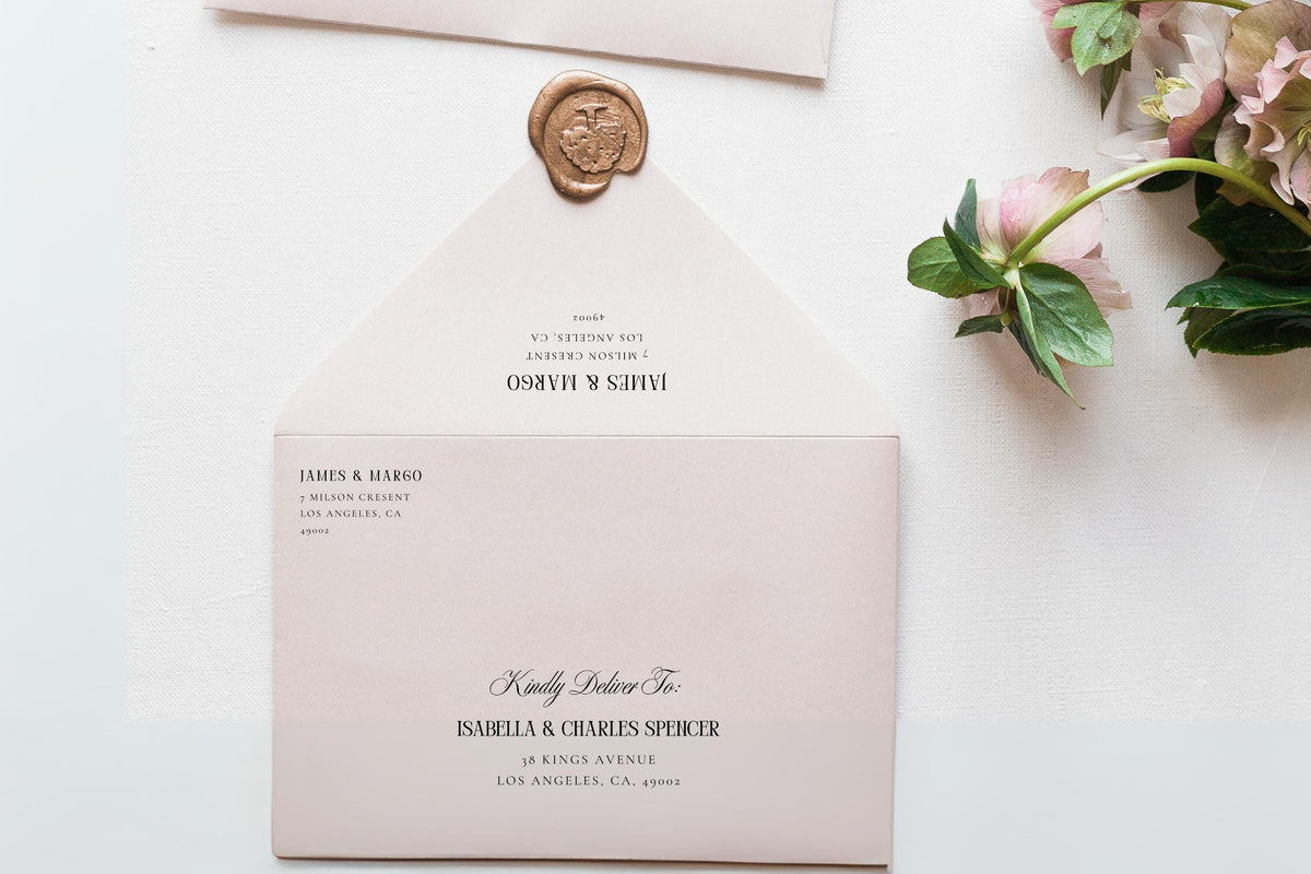 Classic wedding envelope addressing shown with floral styling and wax seal, editable Canva old money address template, black and white calligraphy envelope design.
