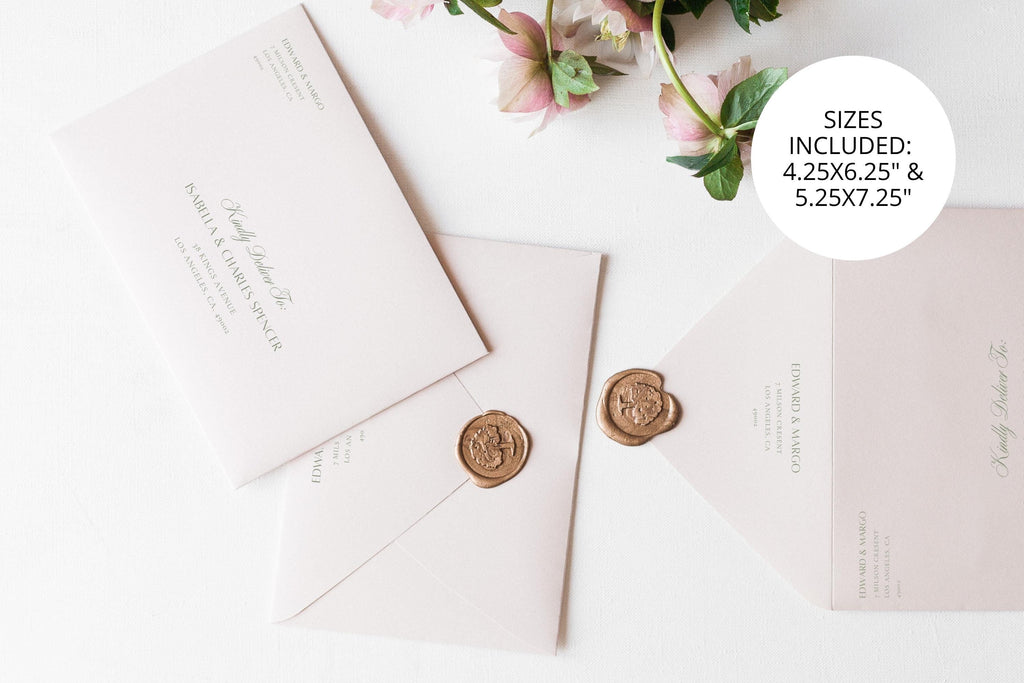 Printable wedding envelope addressing templates displayed with ivory envelopes, gold wax seals and soft pink flowers, featuring coordinated sage green guest and return address designs in two envelope sizes.