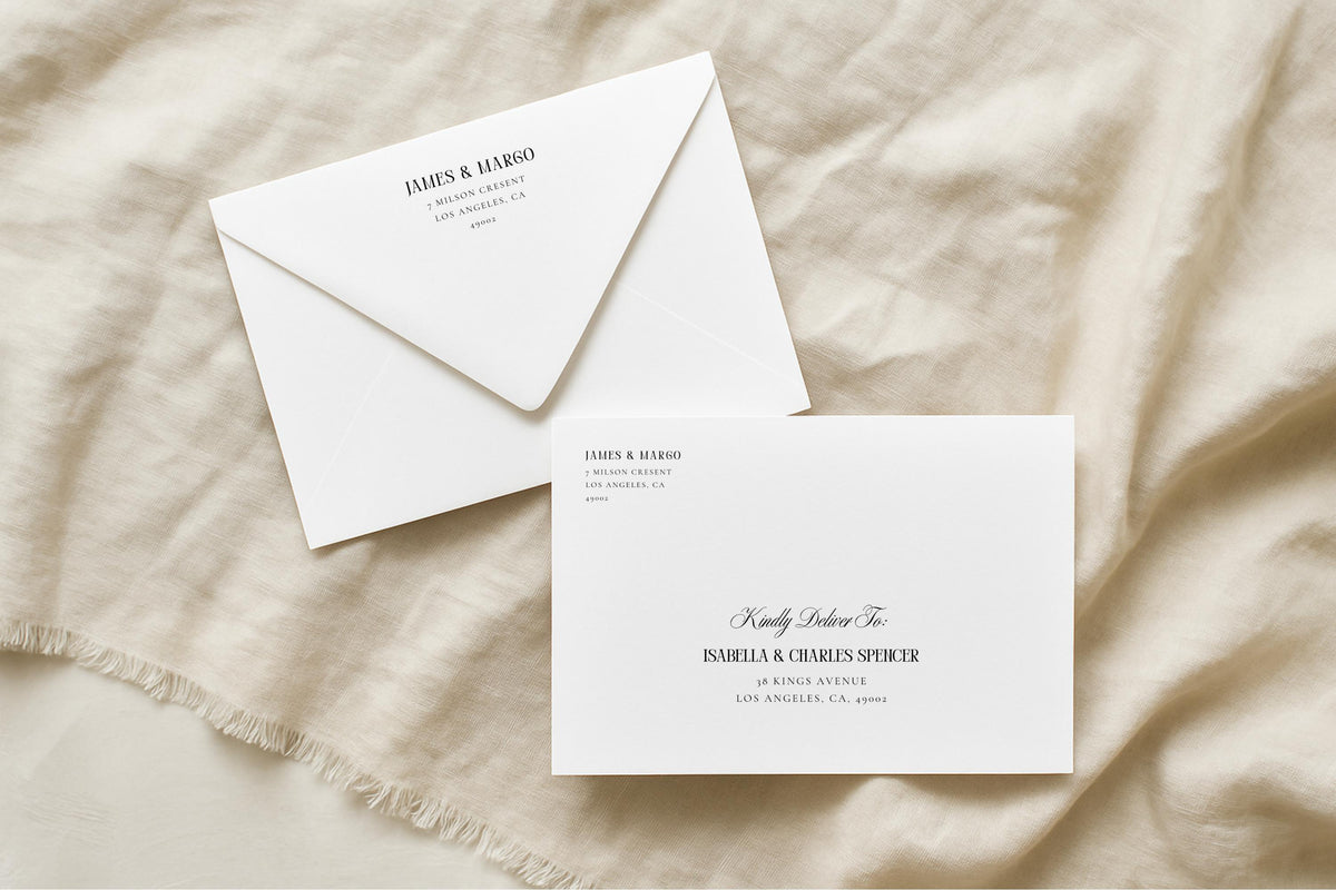 Old money wedding envelope addressing template displayed on linen fabric, classic black and white return address and delivery address, editable Canva envelope design for wedding invitations
