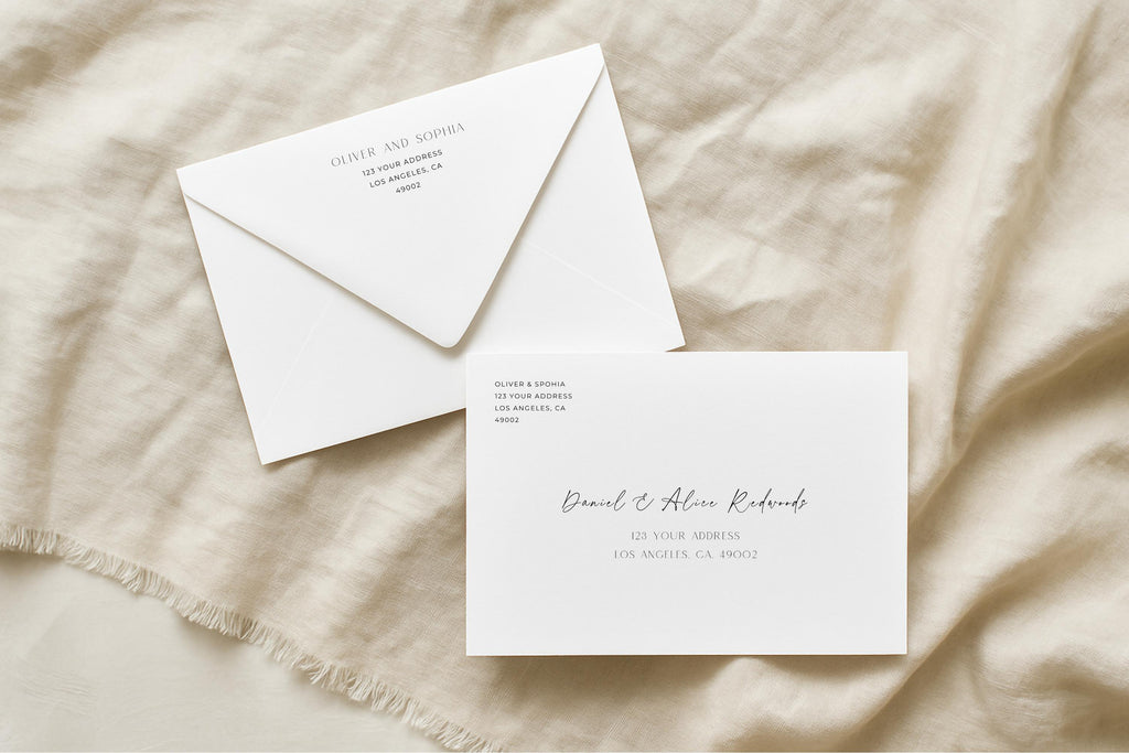 Minimalist wedding envelope addressing template with soft neutral linen styling, elegant modern calligraphy script names, printable editable Canva wedding envelope design, classic timeless wedding stationery flat lay