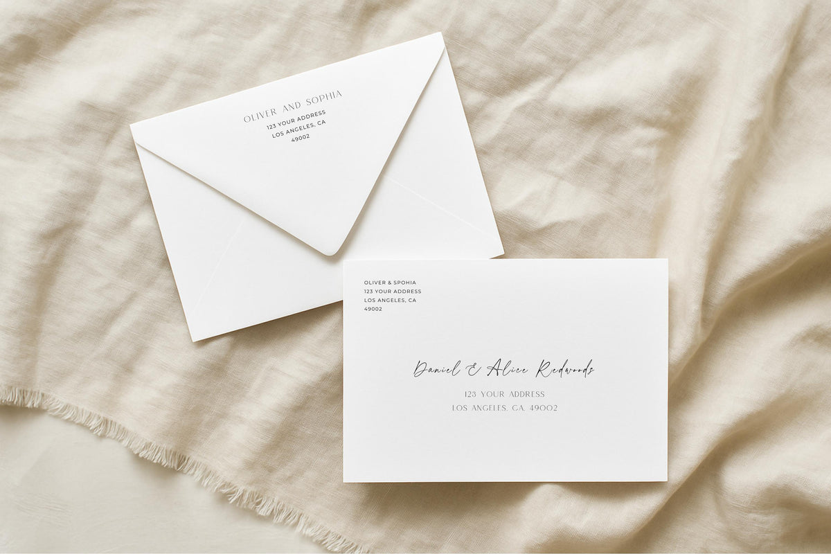 Minimalist wedding envelope addressing template with soft neutral linen styling, elegant modern calligraphy script names, printable editable Canva wedding envelope design, classic timeless wedding stationery flat lay
