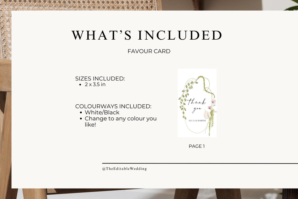 What’s included guide for an editable 2 x 3.5 inch wedding favour tag Canva template with customisable text and instant access.