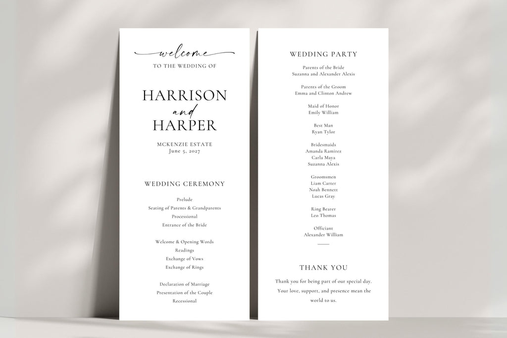 Elegant wedding program and ceremony order of service template with minimalist black text on white background