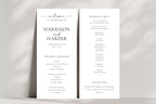 Elegant wedding program and ceremony order of service template with minimalist black text on white background