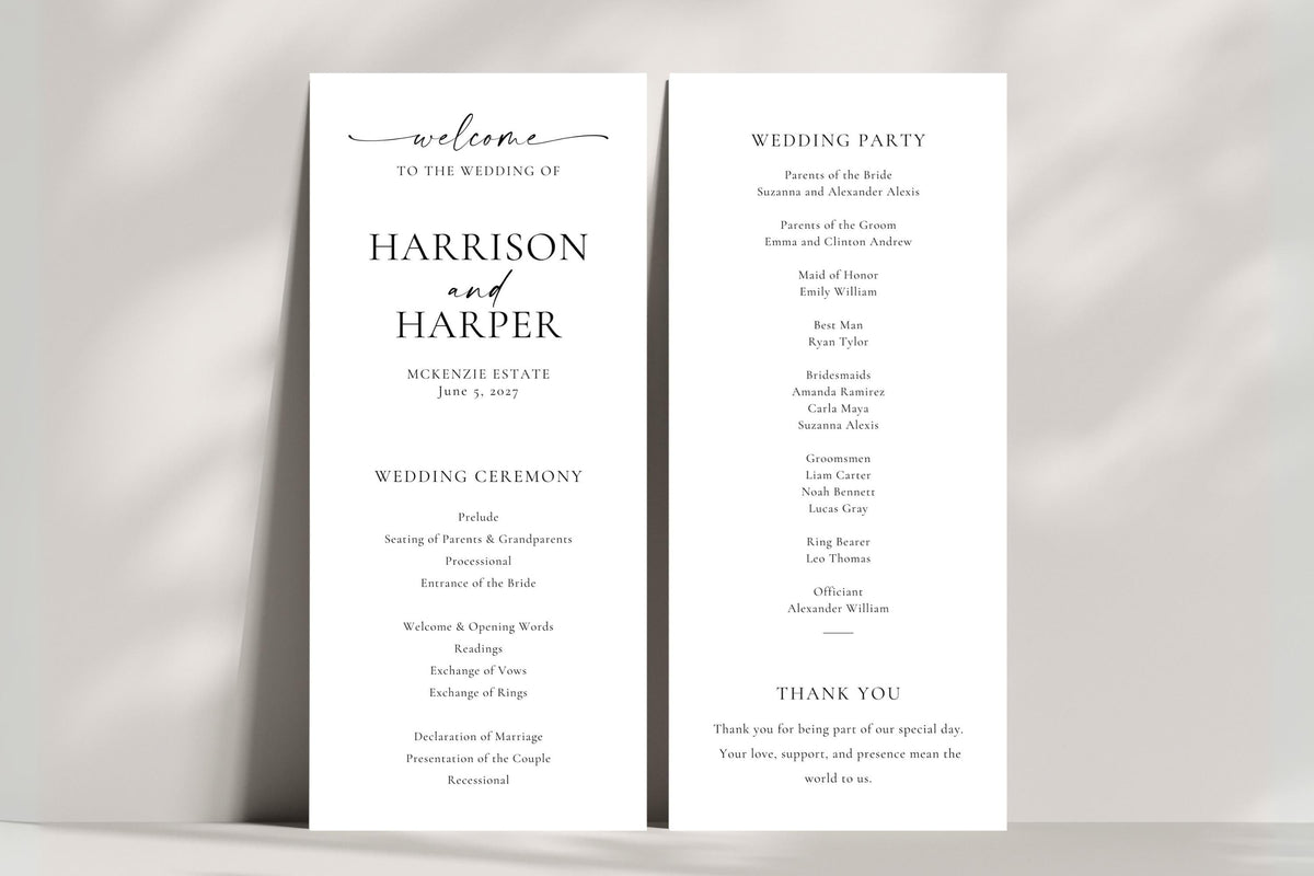 Elegant wedding program and ceremony order of service template with minimalist black text on white background