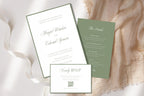 Romantic sage green wedding invitation suite with white invitation, green wedding details card and matching QR code RSVP, arranged on cream gauze with flowing ivory ribbon for an elegant old money aesthetic.