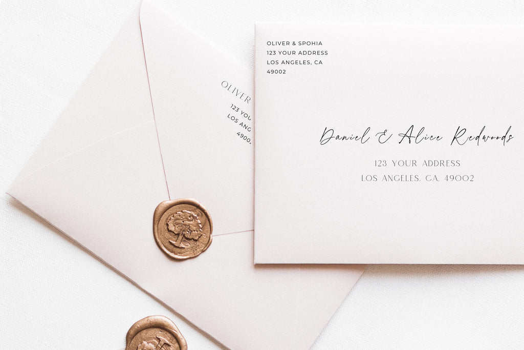 Editable wedding envelope addressing template with wax seal detail, romantic modern script font and serif pairing, minimalist luxury wedding stationery, printable Canva envelope addressing design