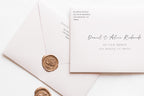 Editable wedding envelope addressing template with wax seal detail, romantic modern script font and serif pairing, minimalist luxury wedding stationery, printable Canva envelope addressing design