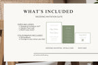 Wedding invitation suite contents guide showing a coordinating invitation, sage green details card and QR code RSVP card, with included card sizes and colour customisation information.