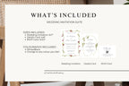 What’s included in the floral wedding invitation template suite: a 5 x 7 invitation, 4 x 6 details card and 5 x 3.5 RSVP card, shown with coordinating pink and green botanical designs and included size information.