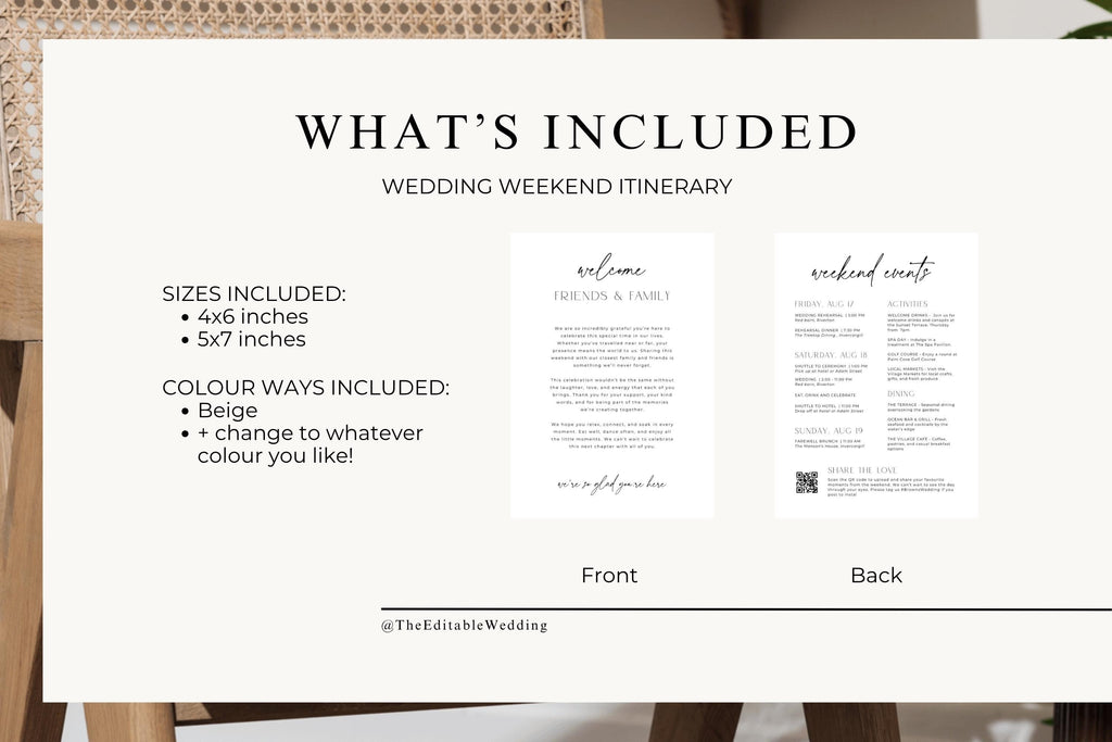 Wedding itinerary template details and sizes included, minimalist wedding weekend schedule Canva template, printable wedding signage bundle 5x7 itinerary card