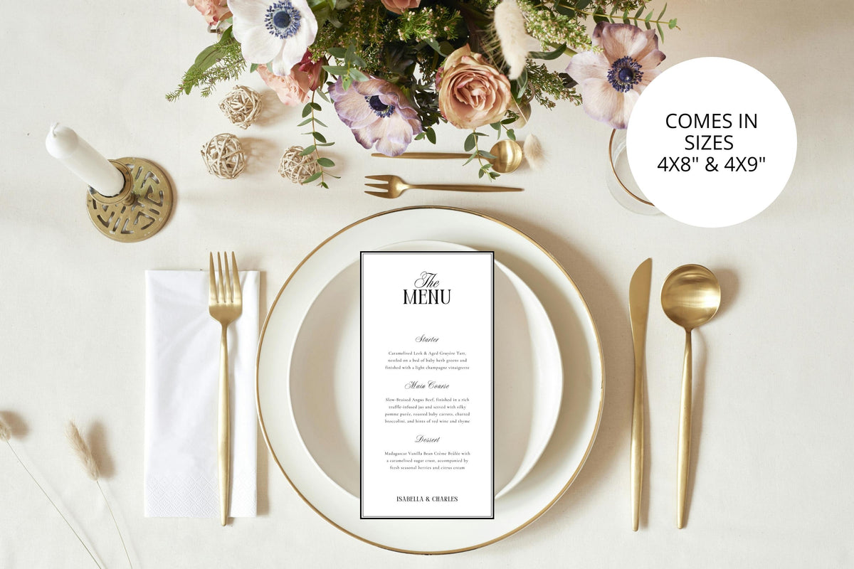 Editable tall wedding menu template on cream and gold table setting, old money 4x8 and 4x9 menu card design, printable black and white serif and script wedding menu for formal reception.