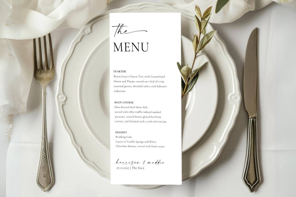 Minimalist wedding menu template displayed on elegant white dinnerware, printable modern wedding dinner menu card, instant download.