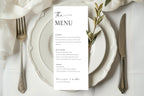 Minimalist wedding menu template displayed on elegant white dinnerware, printable modern wedding dinner menu card, instant download.