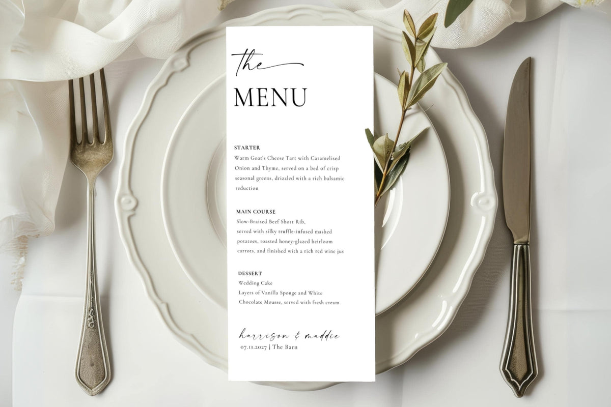 Minimalist wedding menu template displayed on elegant white dinnerware, printable modern wedding dinner menu card, instant download.