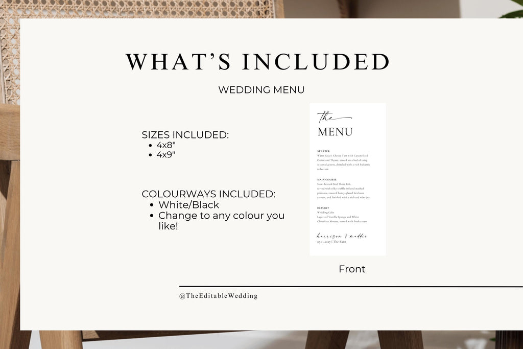 Minimalist Wedding Menu Template: Printable Canva Dinner Card (Instant Download), MC25