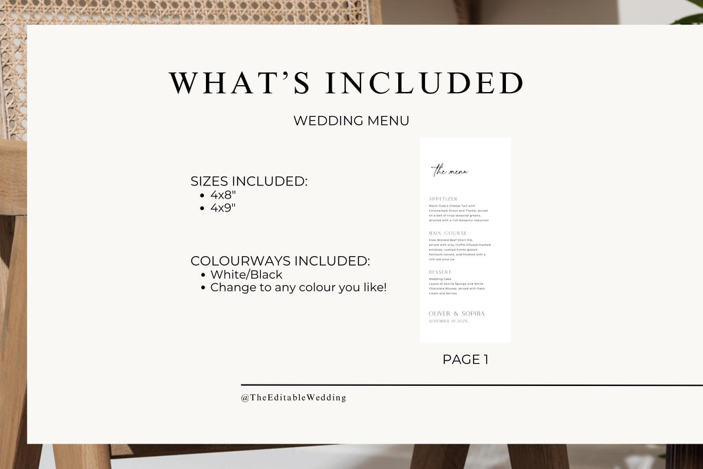 wedding menu template details page, sizes included 4x9 inch menu card, editable canva wedding stationery bundle information, minimalist wedding template listing overview