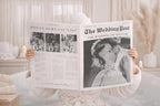 Editable wedding newspaper template front page, bride holding custom wedding newspaper program, modern black and white wedding newsprint design, printable wedding itinerary newspaper Canva template