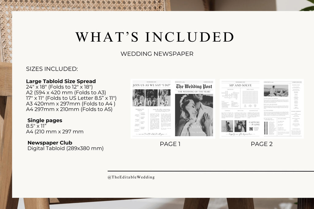 Wedding newspaper template size guide, editable wedding newspaper Canva template dimensions, printable wedding program newspaper layout details, instant download wedding template