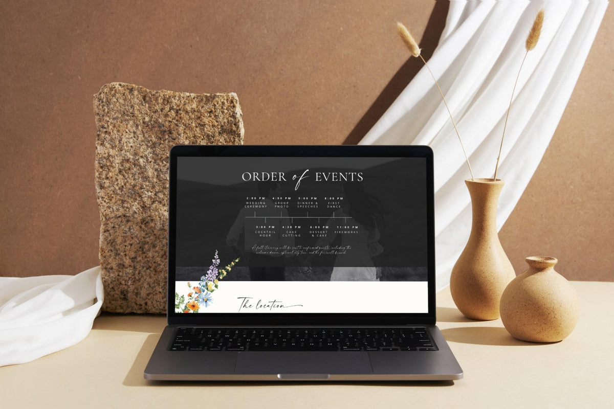 Editable Canva wedding signs template shown on laptop, instant download wedding signage bundle, fully customizable printable wedding decor