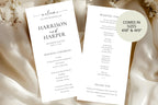 Editable wedding program and bridal party sign on satin background, shown in 4x9" and 4x8" sizes, elegant neutral printable template for ceremonies