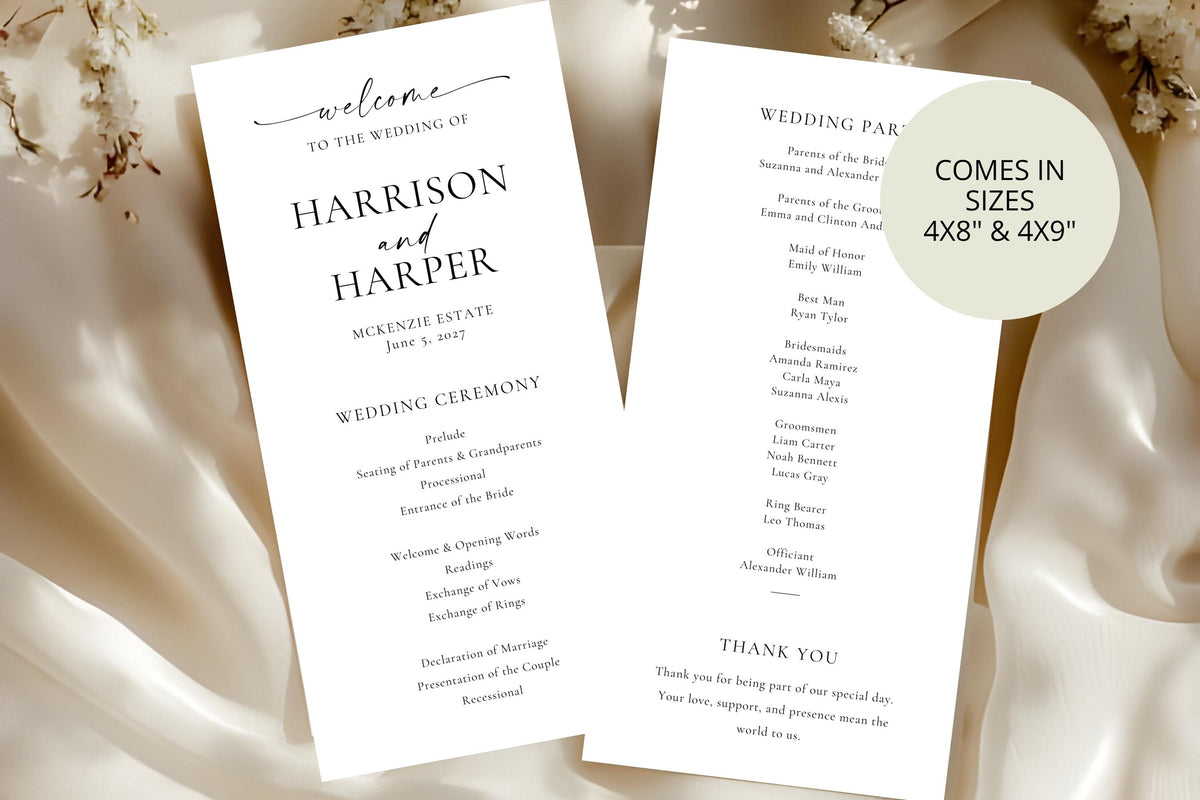 Editable wedding program and bridal party sign on satin background, shown in 4x9" and 4x8" sizes, elegant neutral printable template for ceremonies