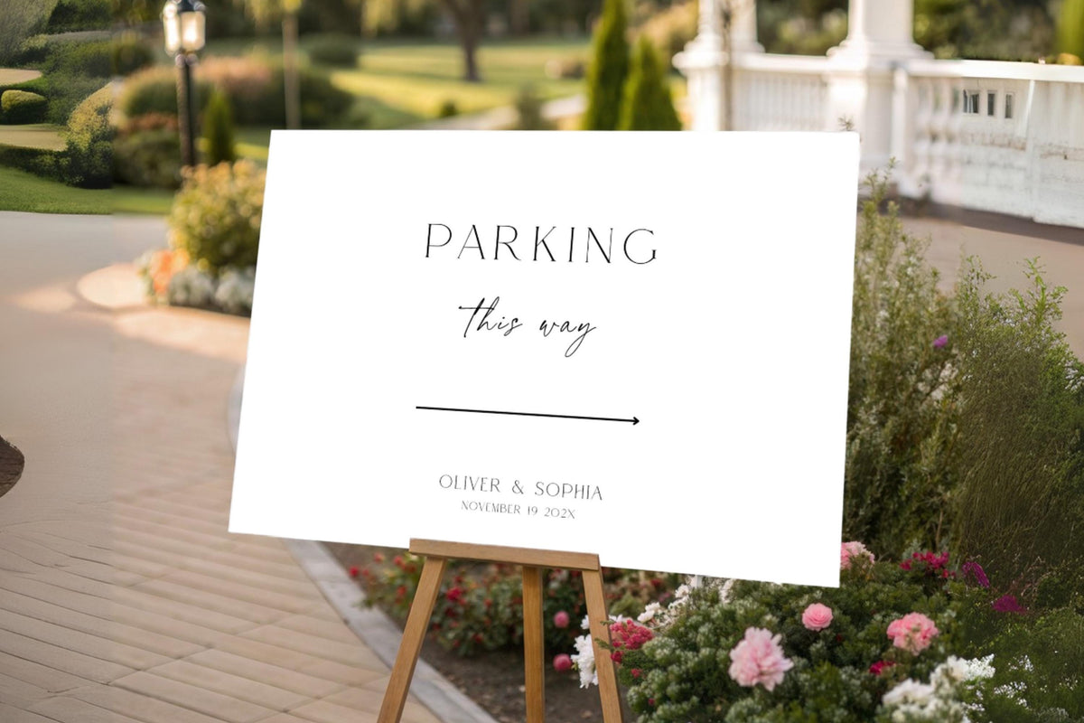 Printable wedding parking sign template editable in Canva, wedding parking this way sign, modern wedding direction signage, minimalist wedding day signage, editable parking wedding sign, instant download wedding template.