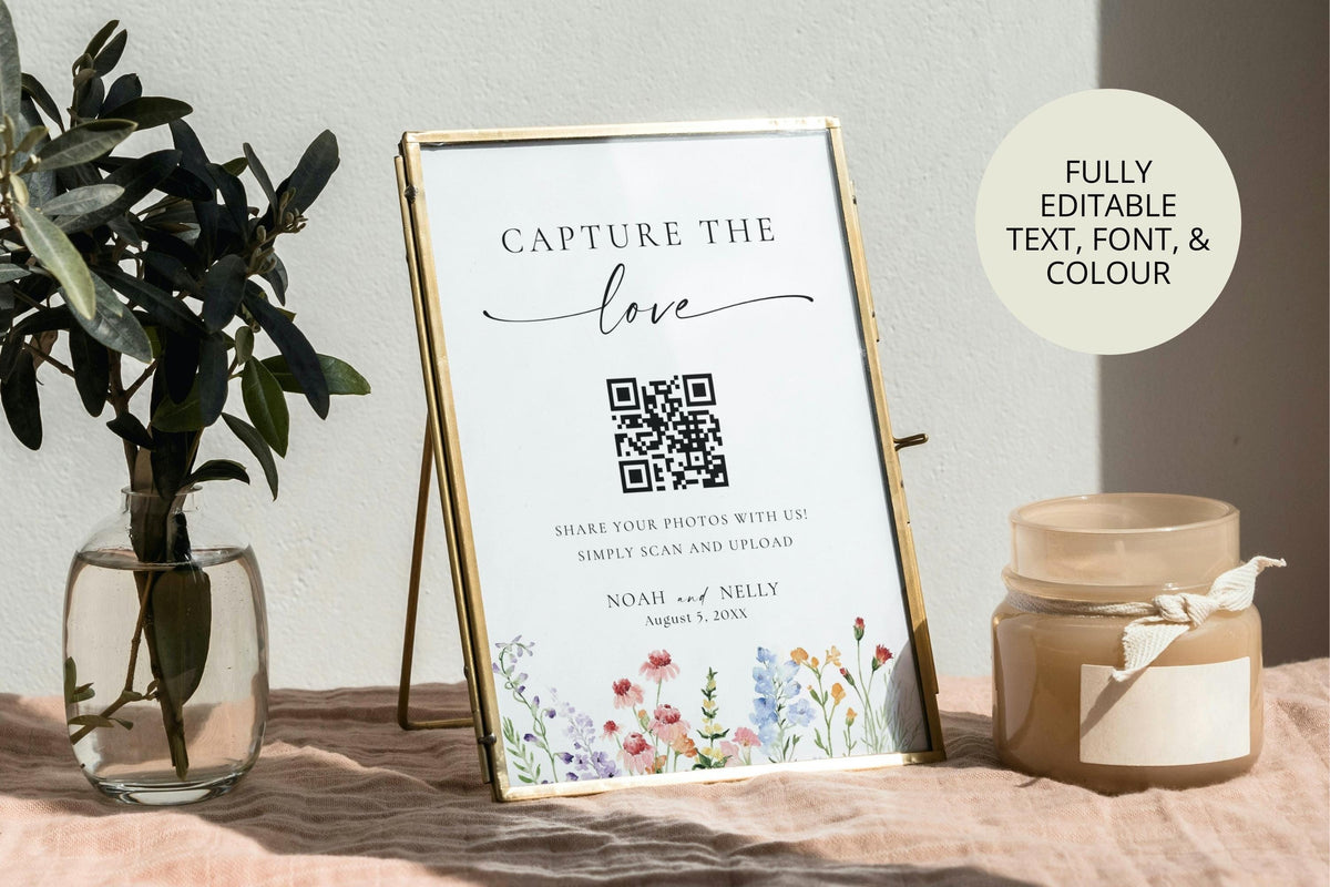 Capture the love wedding sign with QR code, editable Canva wildflower template, part of 70 wedding signs printable bundle