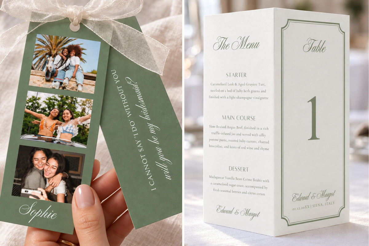 Sage green bridesmaid proposal photo strip beside a coordinated trifold wedding menu and table number, featuring personalised photographs, romantic script fonts and matching old money wedding stationery.
