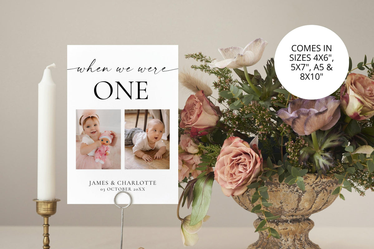 Editable When We Were Age table number template with childhood photos, elegant wedding reception table numbers, printable minimalist design in 4x6, 5x7 and 8x10 sizes