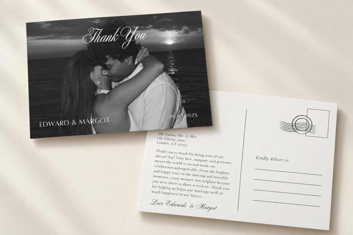 Personalised wedding photo thank you postcard template with black and white couple portrait, elegant script and an ivory postcard reverse, styled on cream fabric for an old money wedding stationery look.