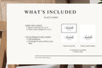 What’s included page for editable wedding place cards, showing flat and folded card options, sizes and colourways included in the Canva template